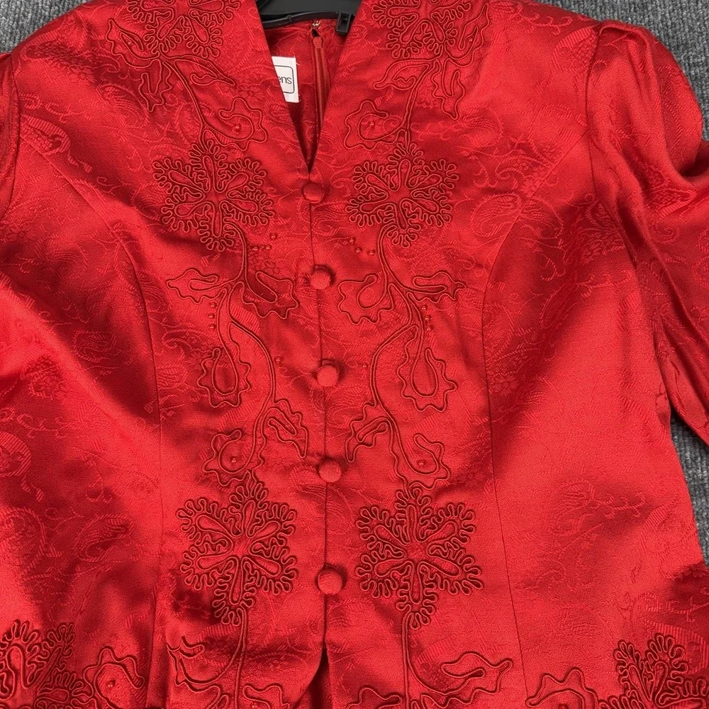 Karin Stevens Jacket Skirt‎ Dress Womens 14 Red Floral Jacquard Beaded Formal